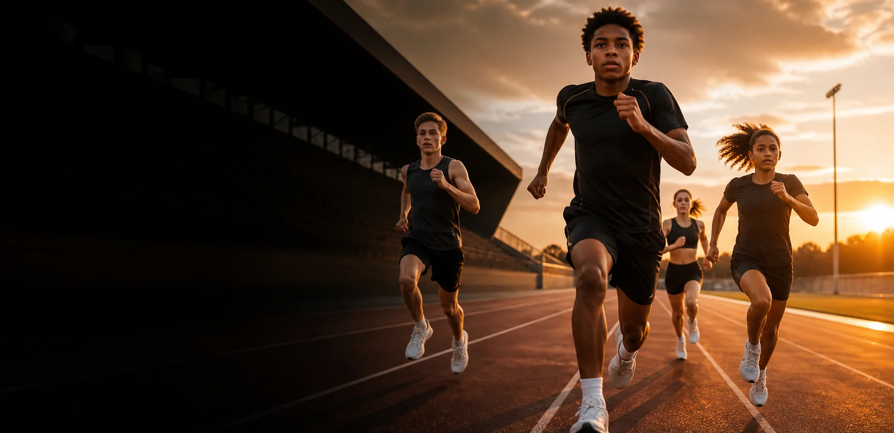Junior athletes sprinting on an athletics track at sunset